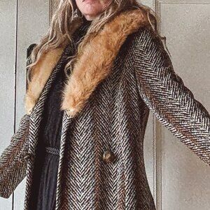 Vintage 1960s Wool Herringbone Tweed Coat with Fur Shawl Collar
